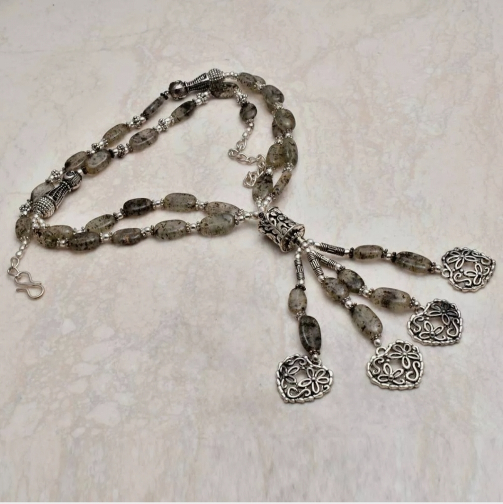 New Unique Black Rutile Quartz 925 Silver Hearts Necklace.